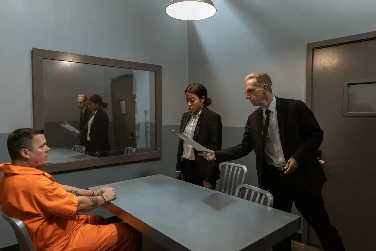 Due figure anonime durante un interrogatorio in carcere, con documenti sul tavolo