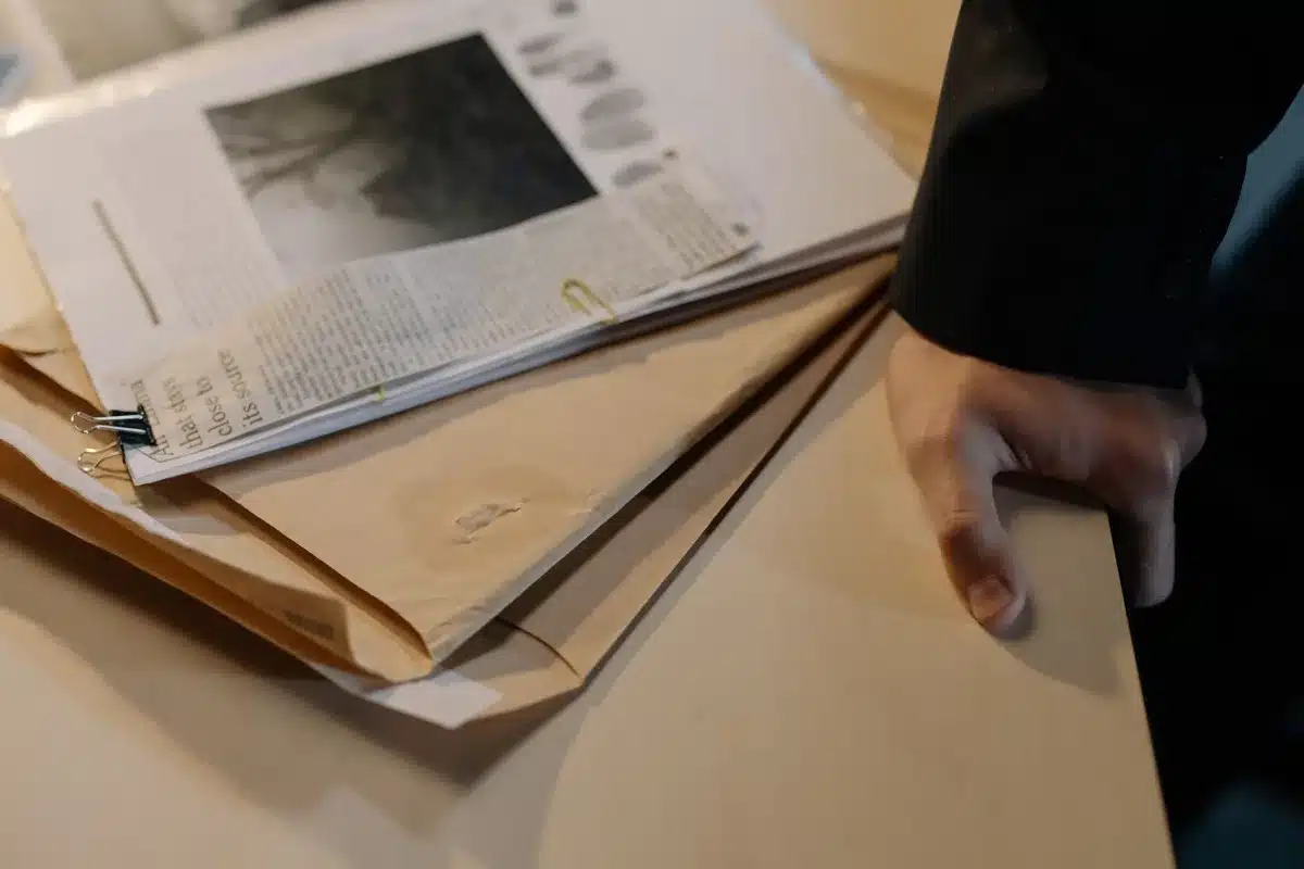Documenti di inchiesta e fascicoli di corruzione su una scrivania di ufficio