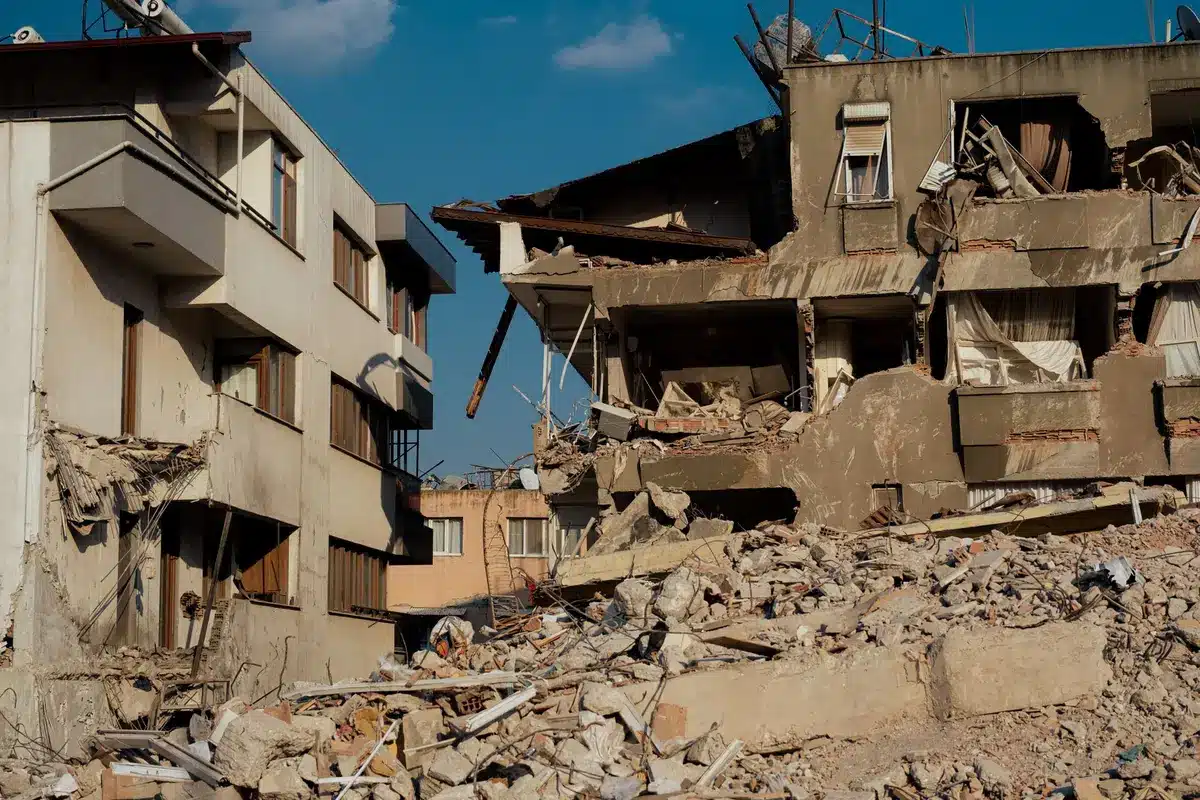 Macerie e edifici crollati dopo il terremoto, con detriti sparsi sulle strade