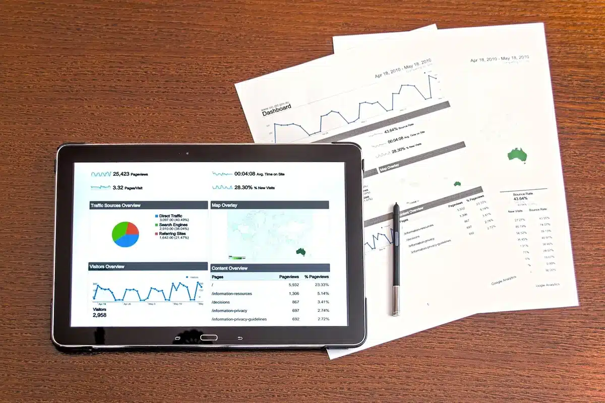 Grafico e fogli di dati su un tavolo che rappresentano l'analisi statistica del settore
