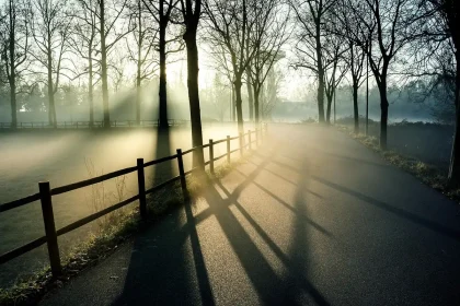 Filari di cedri in un parco urbano con un operaio silhouette che cura il verde