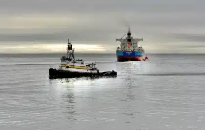 Piccole petroliere trasferiscono carico di notte in mare, con nave più grande in attesa sull'orizzonte