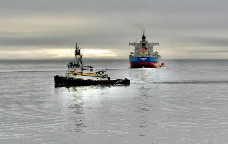 Piccole petroliere trasferiscono carico di notte in mare, con nave più grande in attesa sull'orizzonte