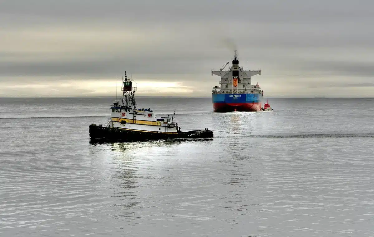 Piccole petroliere trasferiscono carico di notte in mare, con nave più grande in attesa sull'orizzonte
