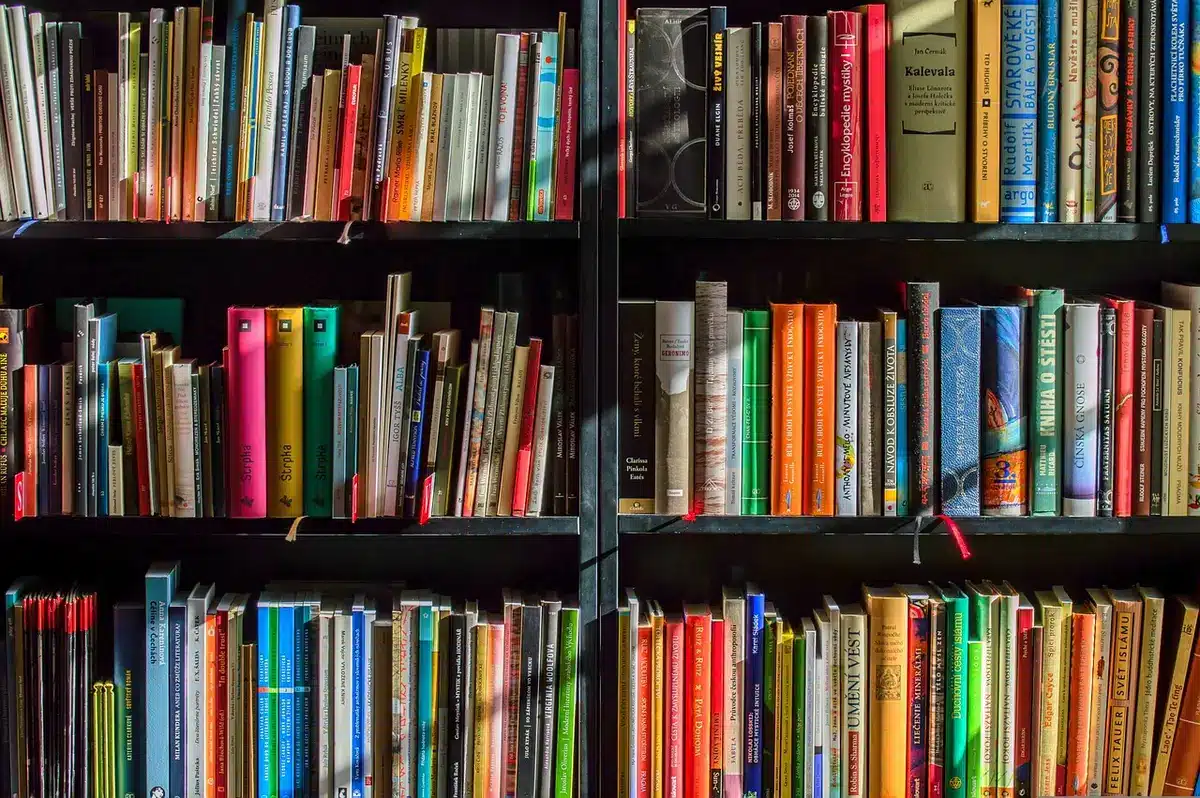 Folla anonima davanti a una libreria con un giradischi vintage