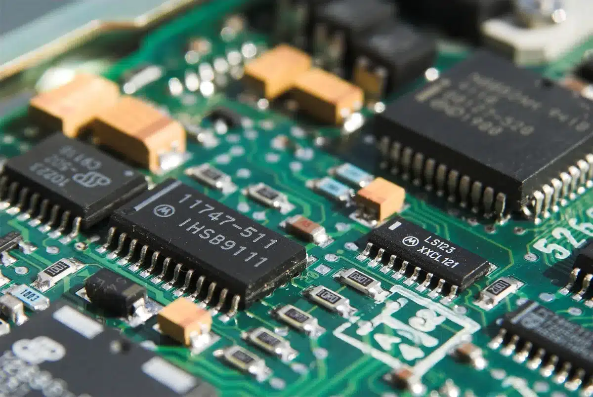 Ingegneri anonimi con schede e rack server in un magazzino, suggestivo dell'acquisto di chip
